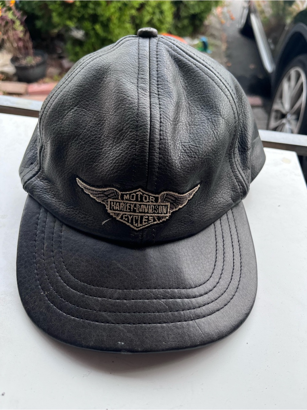 Vtg Harley-Davidson Black Leather strapback Cap made in USA
